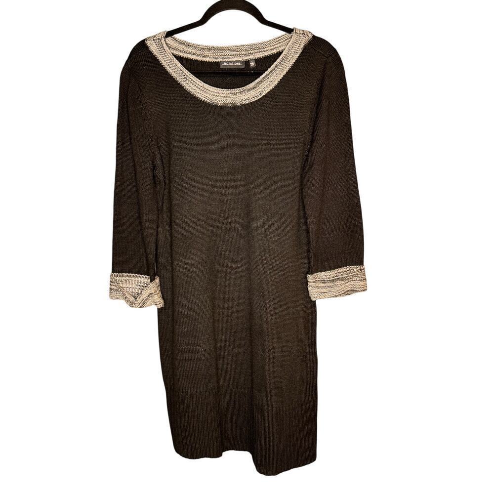 Notations Women's sz Large Sweater Knit Dress Black w/Gray Trim Midi Boat Neck